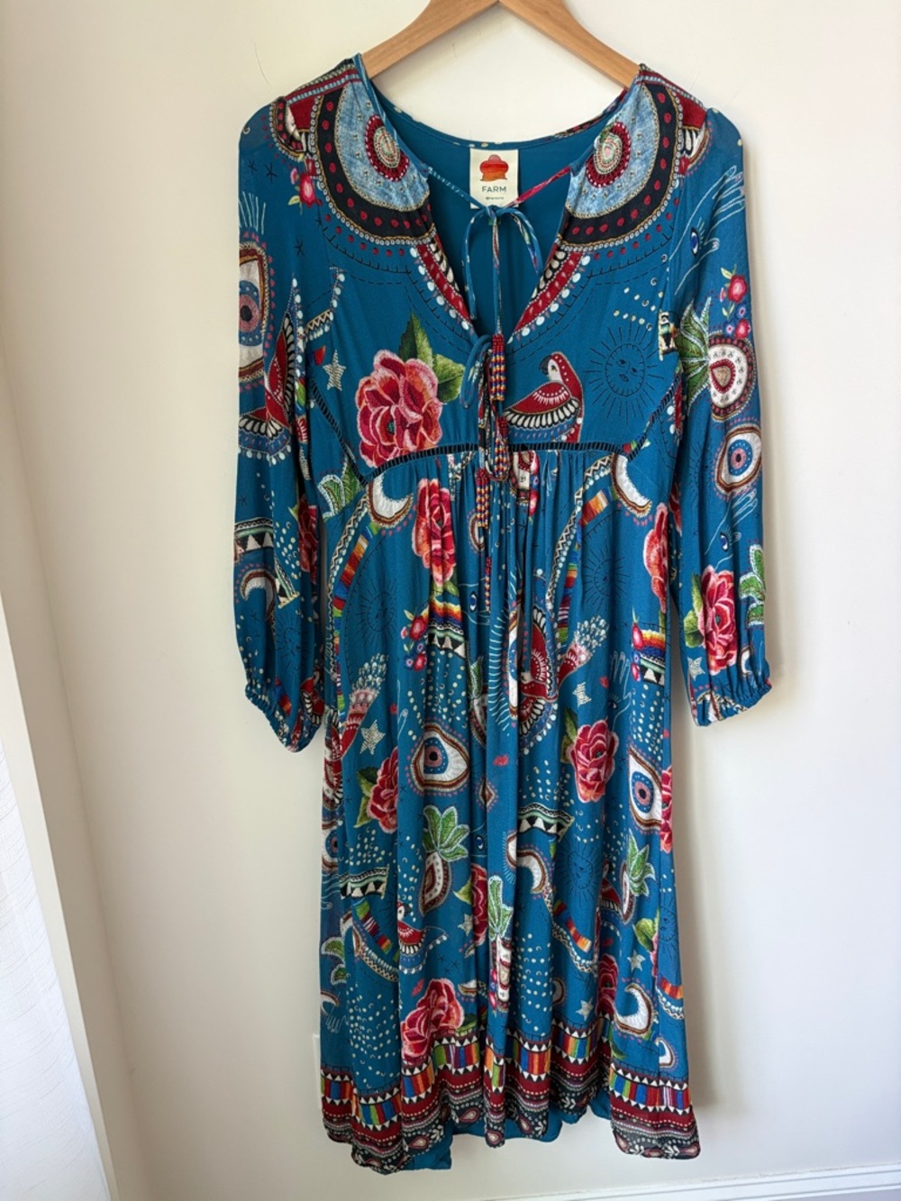 Farm Rio Mystic Blue Midi Dress Boho Lined Festival Date Night Resort Size XS/S*